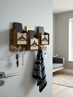 ShopGlobal Wooden key holderFor multipurpose Use In home and office Wood Key Holder(4 Hooks, Brown)