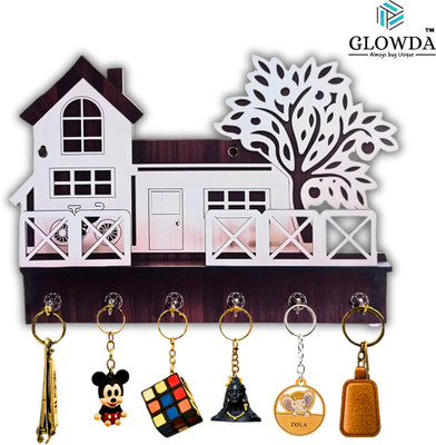 GLOWDA House Design Wooden Key Holder | Wall Mounted Key Stand with Tree Cutout Decor Wood Key Holder(6 Hooks, Multicolor)