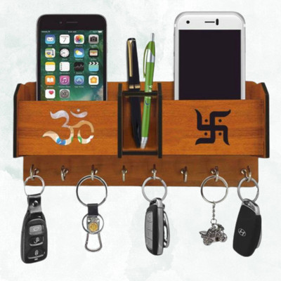 Shivika Crafts Ganesh Om Pocket Key Holder For Home Decor And Office Decor, Key Stand For Keys Wood Key Holder(8 Hooks, Brown)