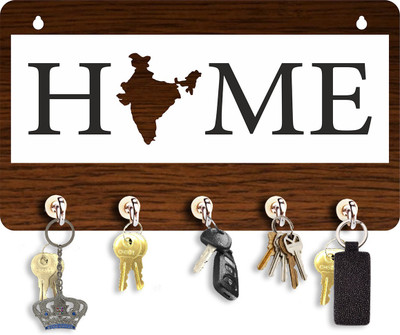 Phirki Studio Stylish Home Design Wooden Key Hanger Wall Decor , Wood Key Holder(5 Hooks, Brown, White)