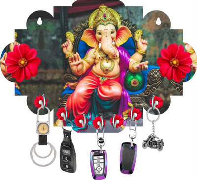 Wood ganesh key hanger for home decor and Hanging Wood Key Holder(7 Hooks, Multicolor)