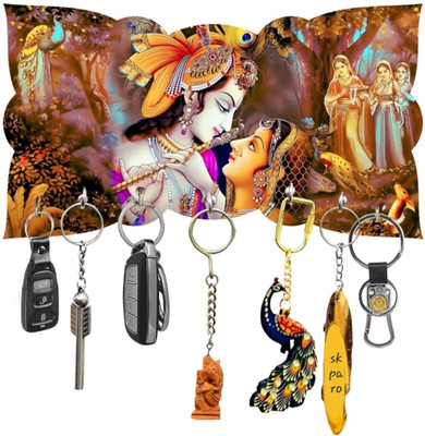 SK PARO Wood Radha Krishna printed key holder/key hanger for home and Office Wood Key Holder(7 Hooks, Multicolor)