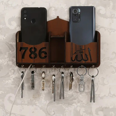 CAVY Religious Wooden Key Holder with Mobile Charging Stand Wood Key Holder(8 Hooks, Brown)