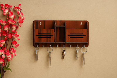 PRAKSHI KRAFTS Wooden Wall Key Holder with Mobile Stand & Pen Holder for Home and office Wood Key Holder(8 Hooks, Brown)