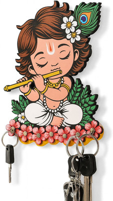 JS Art N Craft Premium Little Krishna Wooden Key Hanger For Living Room Wood Key Holder(7 Hooks, Pink)