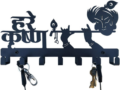CAPIO ART METAL CUT DESIGNER/DURABLE Hare Krishna Iron Key Holder(7 Hooks, Black)