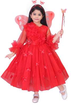 DS DRESSES Baby Girls Calf Length Party Dress(Red, 3/4 Sleeve)