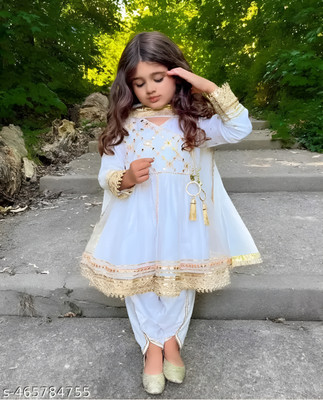 Ayangarments Girls Festive & Party Kurta, Dhoti Pant & Dupatta Set(White Pack of 1)