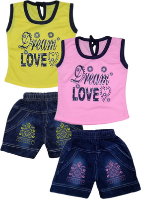 Oxipital Club Baby Girls Party(Festive) Top Shorts(Pink, Lemon Yellow)