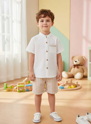 SEFVONA Boys Party(Festive) Shirt Shorts(WHITE, Light Brown)