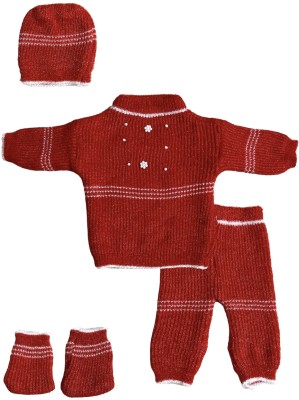 Wocrevar Baby Boys & Baby Girls Casual Sweater Pyjama, Socks, Cap(Red)