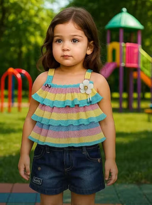 Ndress Store Baby Girls Casual Top Shorts(Rainbow frill shoulder strap top,short DENIM)