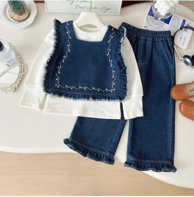 I Naina Dresses Girls Party(Festive) Jacket T-shirt, Jeans(Blue & White.)