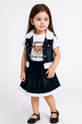 TyagiiGarment Baby Girls Casual Jacket Top, Skirt(white printed top, BLUE DENIM Skirt, Blue Denim Jacket)