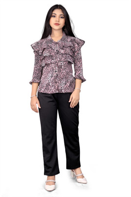 vroxa creation Girls Casual Top Trouser(Pink Black)