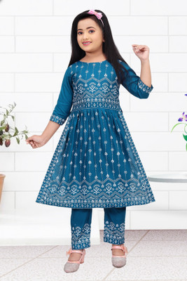 Funnyboo Girls Festive & Party Kurta and Leggings Set(Light Blue Pack of 1)