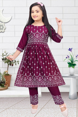 Funnyboo Girls Festive & Party Kurta and Leggings Set(Purple Pack of 1)