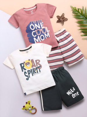 TOONYPORT Boys Casual T-shirt Shorts(Maroon:Deep Grey, Cream)