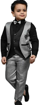 Navkaar traders Boys Festive & Party Shirt, Waistcoat and Pant Set(Black Pack of 1)