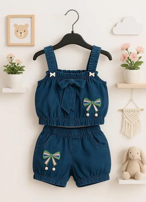 Ganpati fashion Baby Girls Party(Festive) Top Shorts(New Blue Denim Short,Blue denim top)