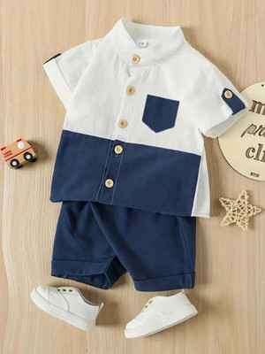Fabfashion Baby Boys Casual Shirt Shorts(White-Blue)