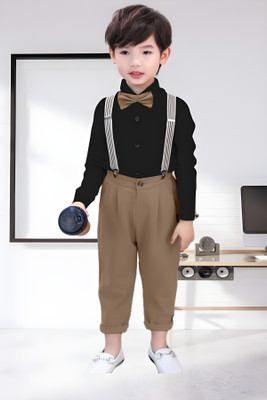 Dollico Dungaree For Boys Party Solid Cotton Blend(Brown, Pack of 1)