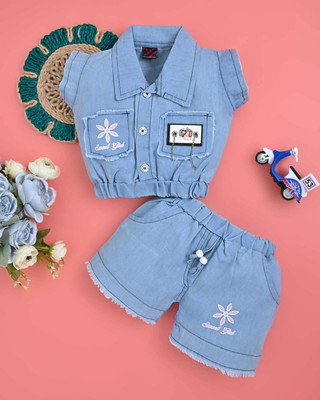 GESICA FASHION Baby Girls Casual Top Shorts(Blue)