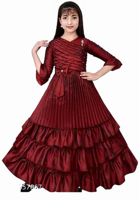 TASDIK GARMENTS Girls Maxi/Full Length Party Dress(Red, 3/4 Sleeve)