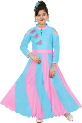 Girls Maxi/Full Length Party Dress(Blue, Full Sleeve)