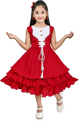 HouseOfCommon Girls Midi/Knee Length Festive/Wedding Dress(Red, Sleeveless)