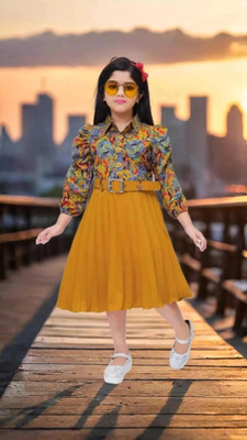 KidsCute Girls Midi/Knee Length Casual Dress(Yellow, 3/4 Sleeve)