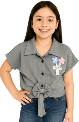 GRX Girls Casual Cotton Blend Shirt Style Top(Grey, Pack of 1)