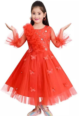 ANMOLDRESS Girls Calf Length Party Dress(Red, 3/4 Sleeve)