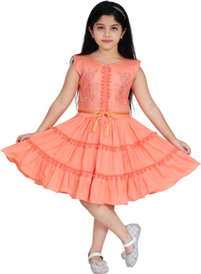 HouseOfCommon Girls Midi/Knee Length Casual Dress(Orange, Sleeveless)