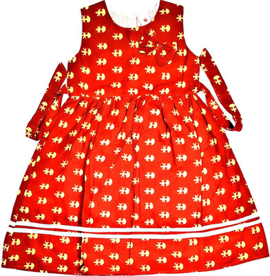 Shlok Samhita Girls Midi/Knee Length Casual Dress(Red, Sleeveless)