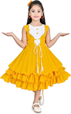 HouseOfCommon Girls Midi/Knee Length Festive/Wedding Dress(Yellow, White, Sleeveless)