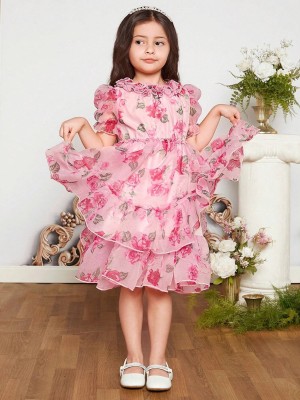 Jayshree Enterprise Indi Girls Midi/Knee Length Casual Dress(Pink, Short Sleeve)