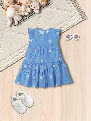 HEREANDNOW Girls Midi/Knee Length Casual Dress(Light Blue, Short Sleeve)