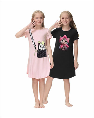 KEESOR Girls Printed Cotton Blend Regular T Shirt(Multicolor, Pack of 2)