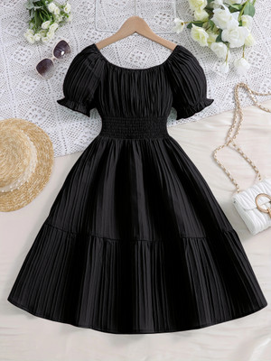 Ethit Indi Girls Midi/Knee Length Casual Dress(Black, Short Sleeve)