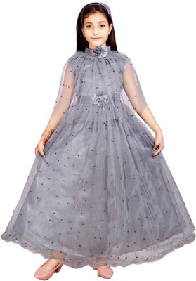 AYUB TRENDING Girls Maxi/Full Length Party Dress(Grey, 3/4 Sleeve)