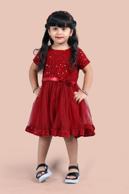 Shree fashion fab Girls Midi/Knee Length Casual Dress(Maroon, Short Sleeve)