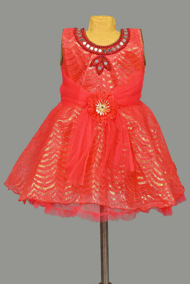 FMSE Girls Midi/Knee Length Casual Dress(Red, Sleeveless)