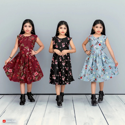 LUCY Girls Short/Mid Thigh Casual Dress(Red, Sleeveless)