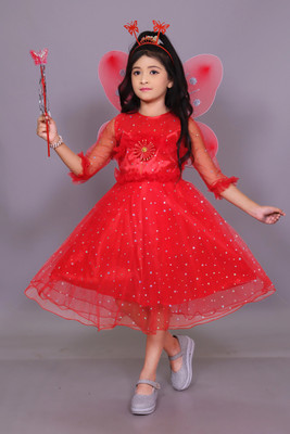 ARUNA CREATIONn Girls Below Knee Festive/Wedding Dress(Red, 3/4 Sleeve)