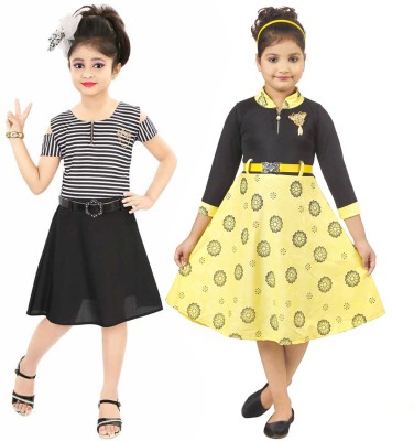 MEHZIN Girls Midi/Knee Length Party Dress(Yellow, 3/4 Sleeve)