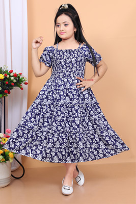 SHREESHYAMDARBAR Indi Girls Midi/Knee Length Festive/Wedding Dress(Blue, White, Short Sleeve)