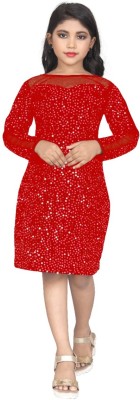 WAZIX Clothing Girls Midi/Knee Length Party Dress(Red, Full Sleeve)