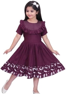 MYTEX FASHION Indi Girls Calf Length Festive/Wedding Dress(Purple, Half Sleeve)