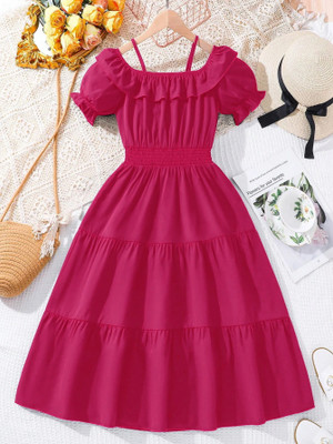 Sheetal Associates Indi Girls Midi/Knee Length Casual Dress(Pink, Short Sleeve)